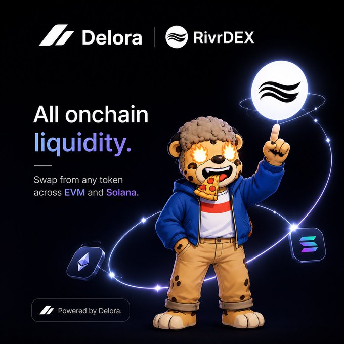 A digital advertisement for 'Delora' and 'RivrDEX' featuring a cartoon cheetah character in a blue jacket with flaming eyes, promoting 'All onchain liquidity' and token swapping across EVM and Solana.