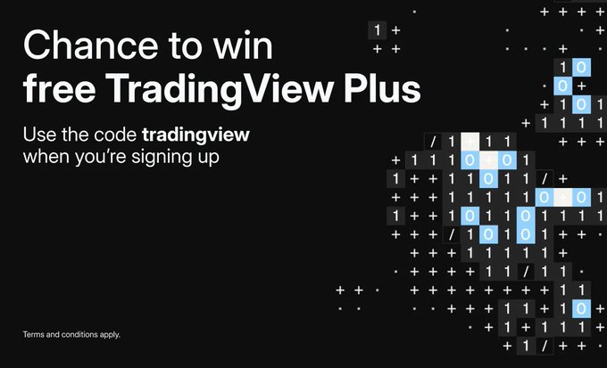 A promotional graphic offering a chance to win free TradingView Plus using the code 'tradingview' when signing up, with binary code patterns in the background.