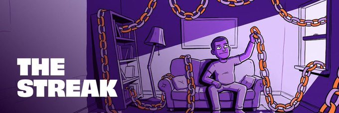 A purple-themed illustration titled 'THE STREAK' showing a man sitting on a couch holding up chains, surrounded by chains throughout the room.