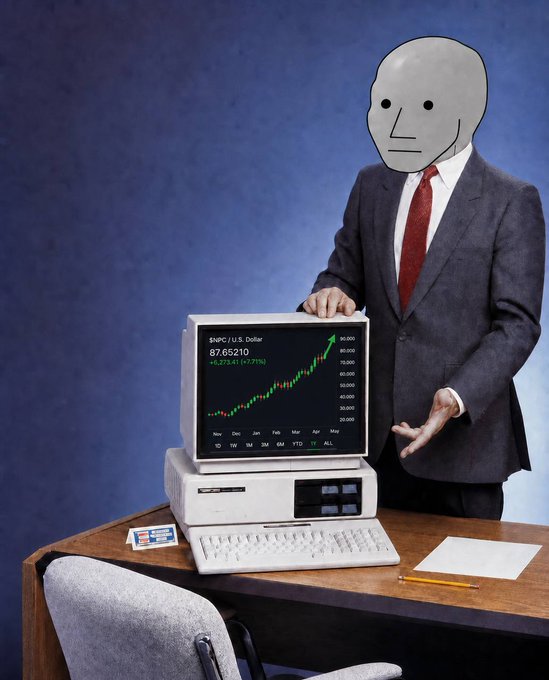 A surreal photograph shows a person in a gray business suit and red tie with a featureless gray mask for a head, gesturing toward an old desktop computer displaying a stock chart of $MPC on a U.S. Dollar scale.