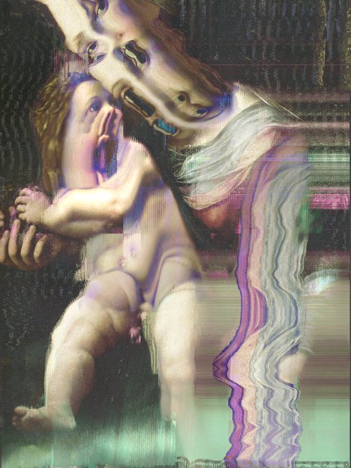 A glitched, surreal digital artwork titled "Epoch collision" features a distorted classical painting of a mother and child with heavy visual artifacts and pixelated distortions.
