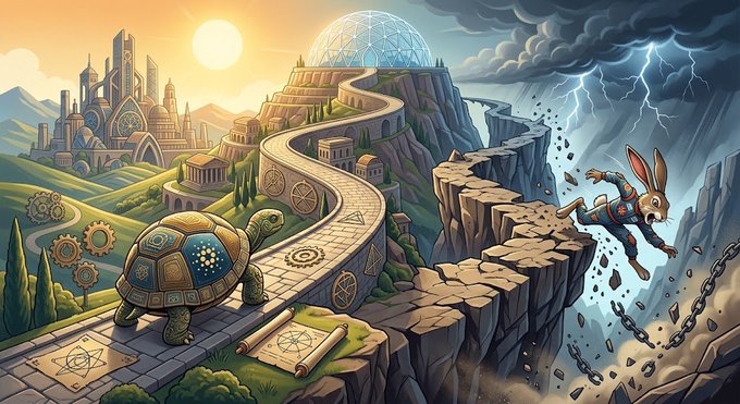Surreal fantasy illustration depicting a split scene: a sunlit utopian landscape with a city, dome, and a steampunk turtle on a winding path on the left, contrasting with a stormy cliff where a rabbit-like creature falls among broken chains on the right.