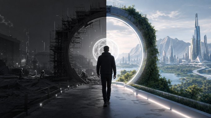 A sci-fi digital artwork depicting a man walking through a glowing circular portal that contrasts a dark, industrial cityscape on one side with a bright, futuristic green city on the other.