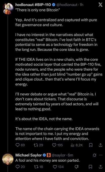 The image shows a tweet from Hodlonaut (@hodlonaut) discussing Bitcoin and the core idea behind BIP-110, expressing loss of faith in BTC's potential due to centralized governance. Below it, Michael Saylor (@saylor) replies with "A fool and his money are soon parted," which aligns with the caption's note that Saylor's reply activity indicates the post hit a sensitive nerve—fitting his known pro-Bitcoin stance contrasting with Hodlonaut's critical perspective.