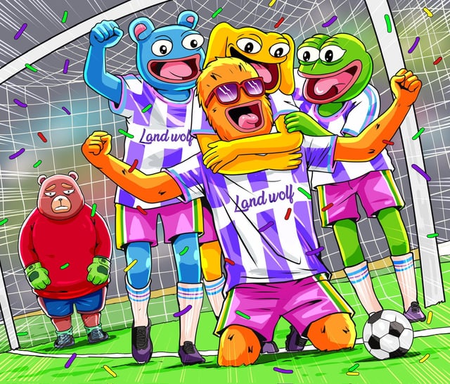 A vibrant cartoon illustration of colorful bear characters in purple and white soccer jerseys labeled 'Landwolf' celebrating a goal, while a sad red bear stands dejected in the background with confetti falling around them.