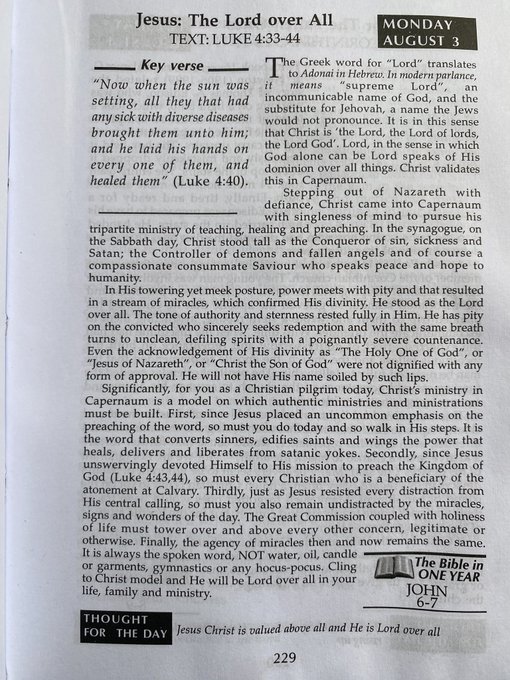 A page from 'The Bible in One Year' dated Monday, August 3 features a devotional titled 'Jesus: The Lord over All' with the key verse from Luke 4:33-44 about Jesus healing a man with an unclean spirit in the synagogue.