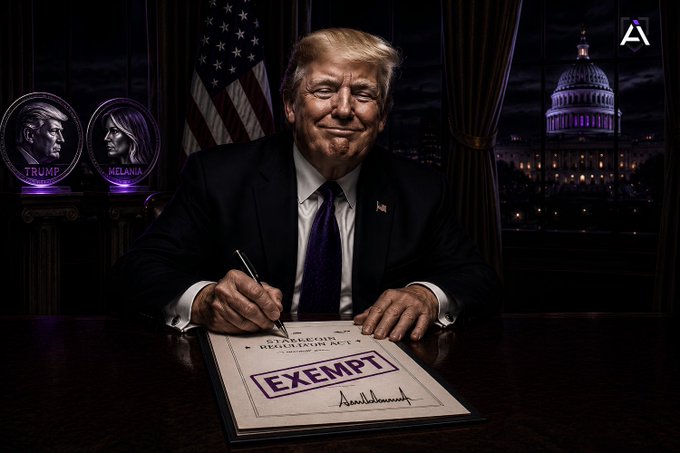 In this image, Donald Trump is shown signing a document labeled "STABLECOIN REGULATION ACT" with an "EXEMPT" stamp, implying a personal exemption from a law he is enacting, which aligns with the accompanying post's narrative.