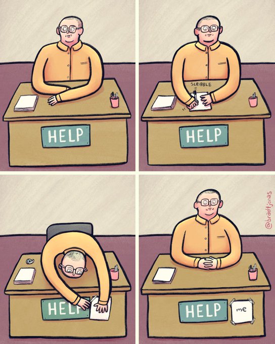A four-panel comic by 'DRAWPLOGS' depicting a bald man at a 'HELP' desk who retrieves a 'me' note from under his desk and hands it to the viewer.