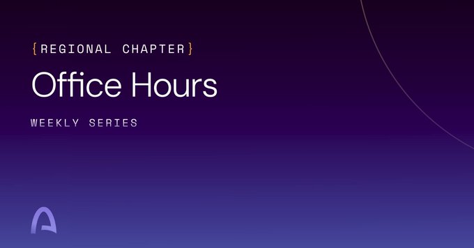 A purple gradient graphic titled 'Office Hours' labeled as a 'Weekly Series' under 'Regional Chapter,' featuring a stylized 'A' logo in the bottom left corner.
