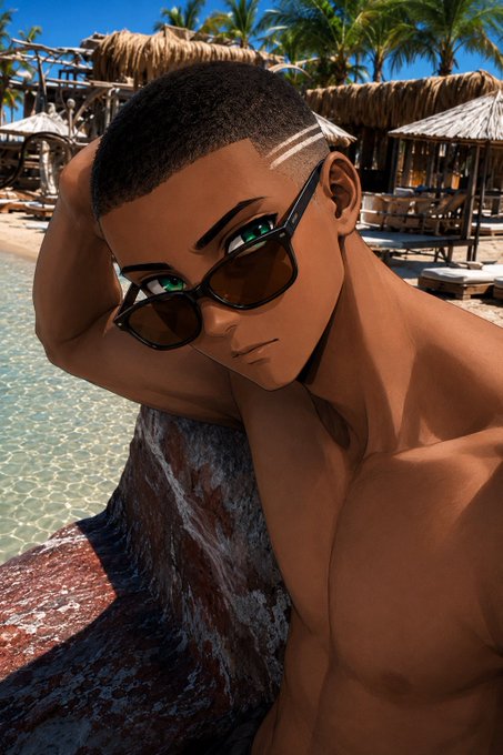 An animated-style illustration of a young man wearing sunglasses and a shaved haircut with a stripe detail, relaxing by a tropical beach resort.