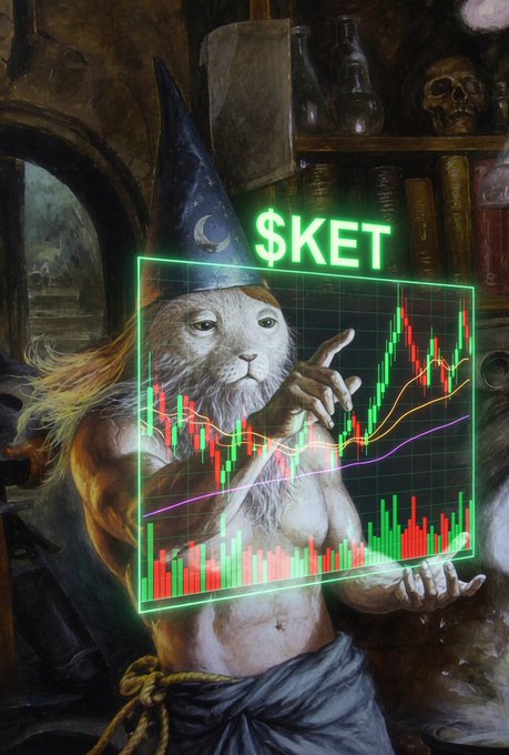 A fantasy digital artwork depicts a lion-headed wizard in a starry hat holding a glowing green candlestick chart labeled '$KET'.