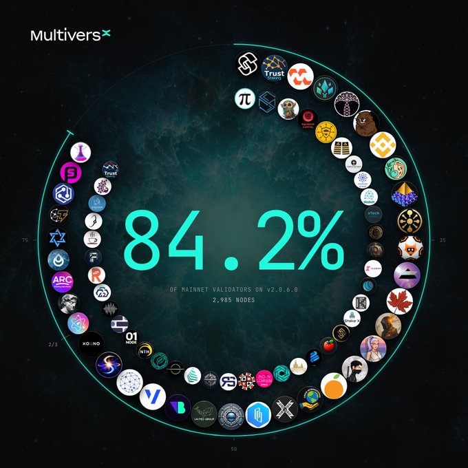 A circular graphic from MultiversX displaying "84.2%" in the center with the text "OF MAINNET VALIDATORS ON v2.0.6.0, 2,985 NODES," surrounded by various cryptocurrency and project logos arranged in a ring.