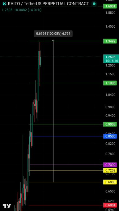 A TradingView chart of the KAITO/USDT perpetual contract shows the token currently trading at $1.2505 (up 4.01%), with a marked move of 100.05% (gain of $0.6794) from a recent low near $0.6794, having retraced to consolidate around key support levels at $0.6800 (red) and $0.7202 (yellow) before continuing its upward trend to test resistance at $1.2505 and $1.3492.
