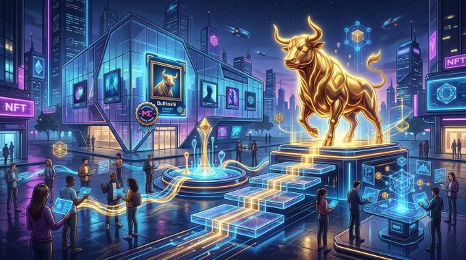Futuristic digital art scene depicting a glowing golden bull statue in a neon-lit NFT marketplace cityscape, with people holding digital tablets and NFT displays visible on buildings.