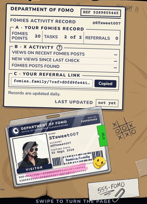 An illustrated graphic of a 'Department of Fomo' activity record and visitor ID card for user @STsweet007, showing 20 Fomies Points and a referral link at fomies.family.