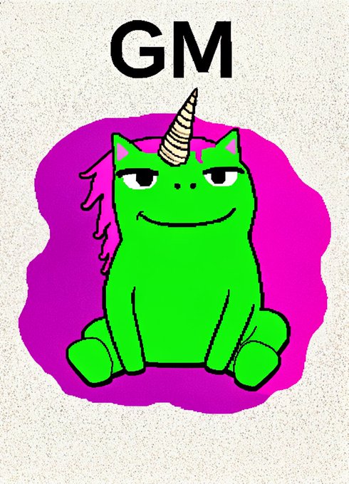 A green cartoon unicorn-cat hybrid with a smug smile sits against a magenta splash background, with the text "GM" displayed above, matching the post's cheerful "GM Frens" greeting.