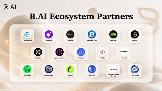 A slide titled 'B.AI Ecosystem Partners' displays logos of affiliated companies including Tencent Cloud, MoonPay, Pundi X, Bconomy.com, deBridge, Chainbase, Unibase, MiniMax, and others.