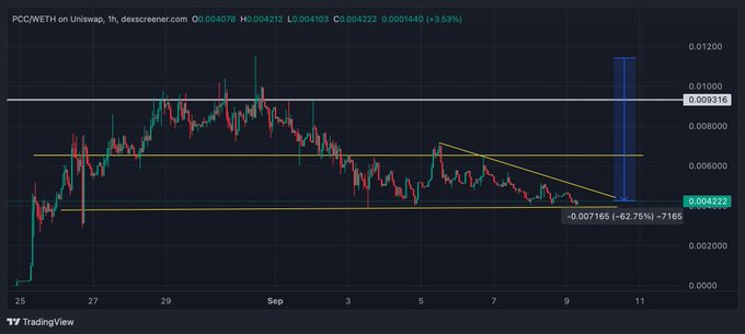 A TradingView candlestick chart shows PCC/WETH on Uniswap (1h timeframe) with a price drop of 62.75% (-0.007165) to 0.004222, displaying a sharp decline from previous highs near 0.009316 in early September. The accompanying post argues this 65%+ retracement from all-time highs represents a prime buying opportunity, citing how top traders held DOGE, PEPE, and NEIRO through similar crashes before parabolics runs.