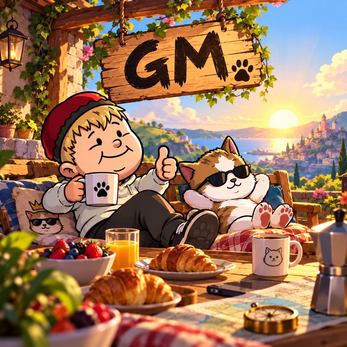 An animated illustration shows a cartoon boy in a red beanie giving a thumbs up next to a cat wearing sunglasses, both sitting under a wooden 'GM' sign with a scenic coastal landscape, pastries, and coffee in the foreground.