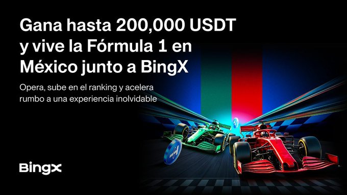 A BingX promotional banner announces a tournament offering up to 200,000 USDT in prizes and an F1 experience in Mexico, featuring two Formula 1 race cars—one green and one red—racing on a track, which directly illustrates the post's call to action to join the competition via the provided BingX link.