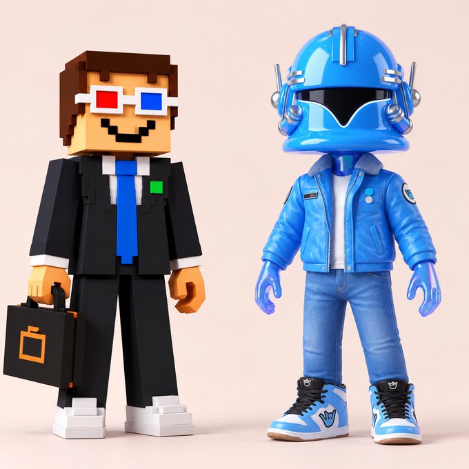 Two figures standing side by side: on the left, a blocky voxel-style character in a black suit with red-blue glasses holding a briefcase; on the right, a figure in a blue helmet, blue leather jacket, jeans, and blue sneakers.
