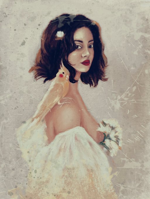 A digital illustration of a young woman with shoulder-length brown hair and red lipstick, wearing a white dress and holding a cockatiel and flowers against a textured, neutral background.