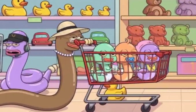 A purple worm wearing headphones and a brown worm wearing a hat push a shopping cart filled with colorful round creatures through a toy store, with rubber ducks and teddy bears visible on the shelves behind them. The image humorously illustrates the post's commentary on NFT commercial licenses, depicting a chaotic marketplace where characters are being sold like toys without clear ownership or consensus.