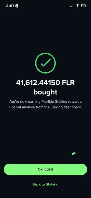 A mobile app screen confirms a successful crypto transaction showing '41,612.44150 FLR bought', indicating the user is now earning Flexible Staking rewards.