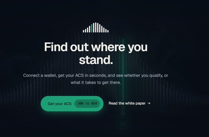 A dark webpage with teal accents features a soundwave-style logo above the headline "Find out where you stand." A subtitle invites users to "Connect a wallet, get your ACS in seconds," alongside a green "Get your ACS" button showing the 300–850 score range and a "Read the white paper" link—visually reinforcing the post's point about Agentics Credit's fork-the-path scoring system where hitting 580 unlocks the funding waitlist.