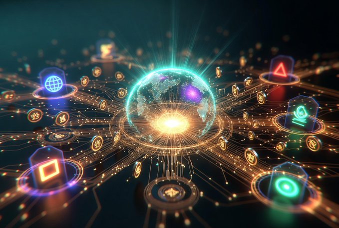 A glowing digital globe at the center of a futuristic network, surrounded by luminous icons (globe, triangle, square, dollar sign, camera) connected by radiant orange light trails on a dark background.