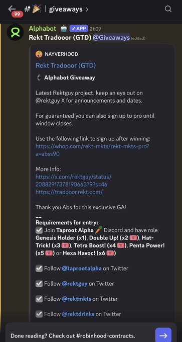 A Discord message in the #giveaways channel from Alphabot announces a giveaway for 'Rekt Tradooor (GTD)' by NAYVERHOOD, with entry requirements to join the Taproot Alpha Discord and follow various Twitter accounts.