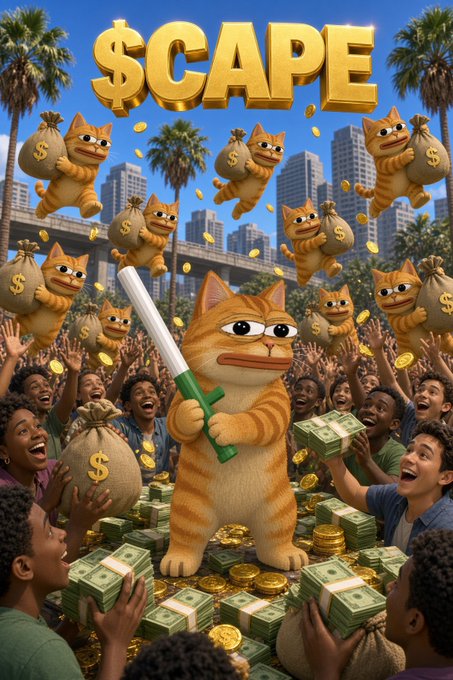 A vibrant illustration featuring a central orange cat holding a sword, surrounded by cheering people and other cats carrying money bags, with the title "$CAPE" displayed prominently at the top in gold lettering.