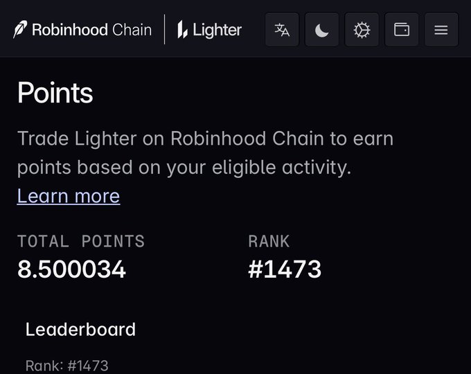A dark-themed interface from Robinhood Chain shows a 'Points' screen for trading 'Lighter', displaying a 'TOTAL POINTS' of 8.500034 and a 'RANK' of '#1473'.