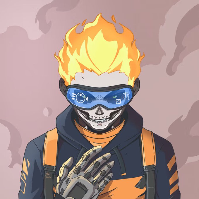 A digital illustration features a skeletal figure with a vibrant flame for a head, wearing blue VR-style goggles that display various icons (including a clock, rocket, and folder), a dark hoodie, an orange and black vest, and a metallic robotic hand. The art style and unique traits highlighted in the caption—particularly the flame head and skeletal design—match the artwork shown, embodying the "Legendary" NFT described as a centerpiece for digital identity.