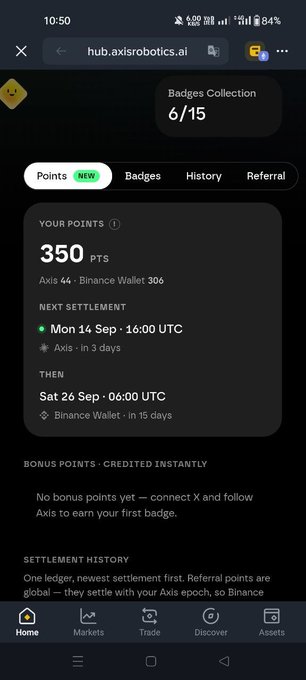 A screenshot of the Axis Robotics AI hub interface showing 'Your Points: 350 PTS', 'Badges Collection 6/15', and next settlement details for Axis: Mon 14 Sep - 16:00 UTC.