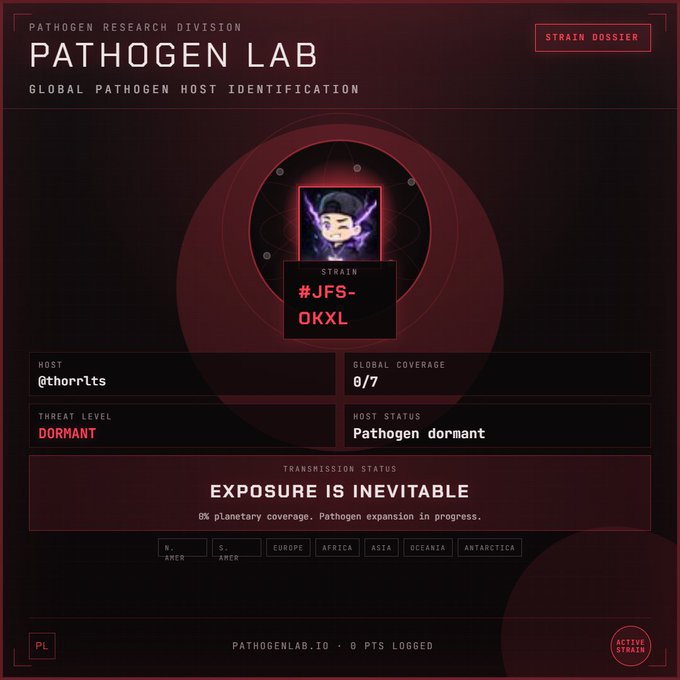 A red-themed 'PATHOGEN LAB' strain dossier for '#JFS-0KXL' with host '@thorrlts', threat level 'DORMANT', host status 'Pathogen dormant', and transmission status 'EXPOSURE IS INEVITABLE'.