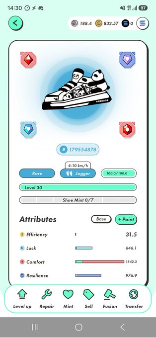 A mobile game screen showing a virtual sneaker NFT called 'Jogger' at Level 30, displayed by a bear character. The shoe has attributes including Efficiency (31.5), Luck (646.1), Comfort (1842.3), and Resilience (976.9), with options for Level up, Repair, Mint, Sell, Fusion, and Transfer.