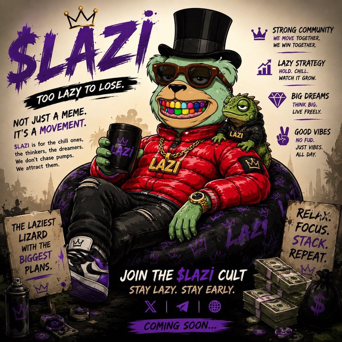 A promotional poster for '$LAZI' cryptocurrency featuring a cartoon lizard wearing a top hat, sunglasses, and gold chain, with slogans like 'TOO LAZY TO LOSE' and 'JOIN THE $LAZI CULT - COMING SOON.'