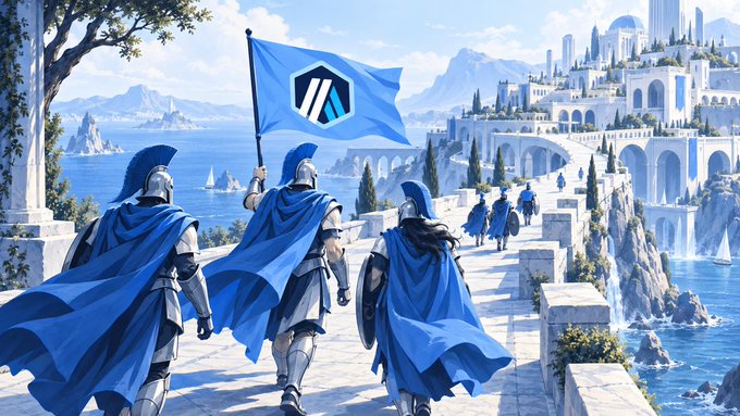 A fantasy scene shows armored warriors in blue capes marching toward a white coastal city, with one carrying a blue flag bearing a hexagonal 'A' logo.
