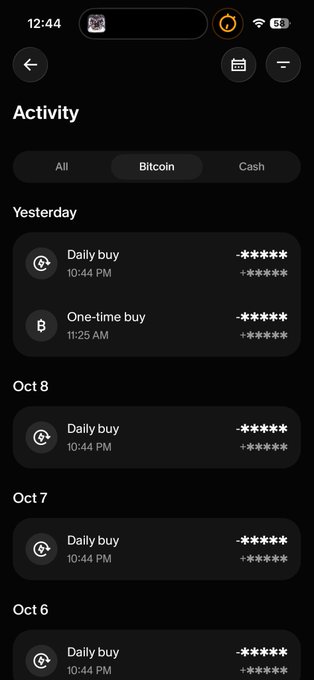 A mobile app screenshot showing an 'Activity' page with transaction history filtered by 'Bitcoin', displaying a series of 'Daily buy' and 'One-time buy' entries from October 6-8 with masked account numbers.