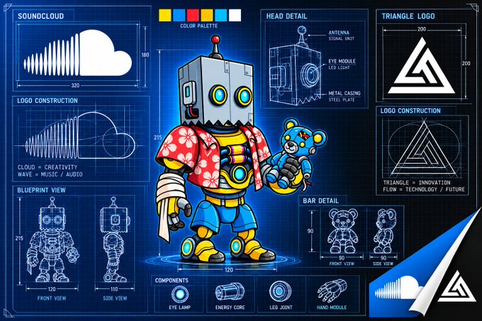 A blueprint-style illustration shows a colorful robot character holding a teddy bear, alongside design details including 'SOUNDCLOUD' and 'TRIANGLE LOGO' construction.