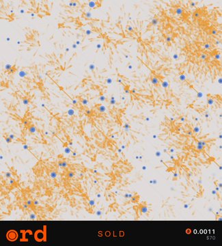 An abstract digital artwork featuring an orange and blue splatter pattern, marked 'SOLD' at 0.0011 ($70) on the 'ord' platform.