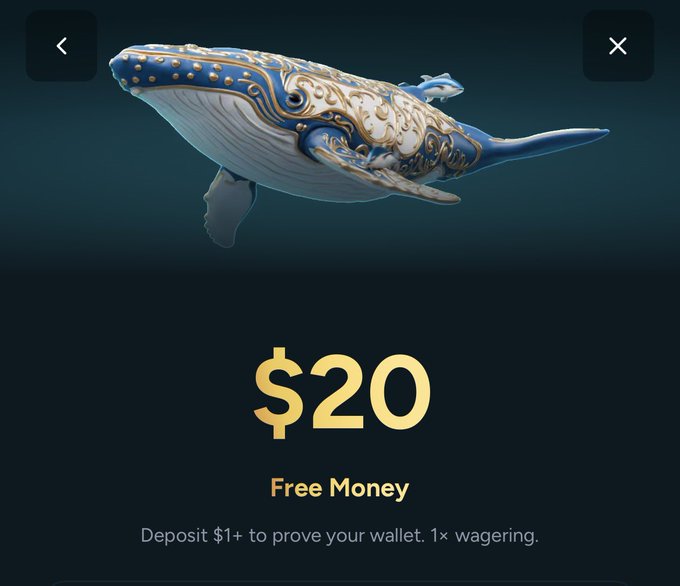 A promotional image for Housebets displaying a decorated blue and gold whale above "$20 Free Money," with text reading "Deposit $1+ to prove your wallet. 1× wagering." This visually reinforces the post's instructions to verify wallet ownership with a $1 deposit in order to claim a free bonus via the Housebets referral link.