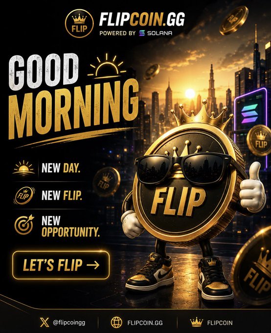 A promotional advertisement for "FLIPCOIN.GG POWERED BY SOLANA" featuring a gold coin mascot wearing sunglasses and sneakers, with the text "GOOD MORNING - NEW DAY. NEW FLIP. NEW OPPORTUNITY. LET'S FLIP" and social media handles.
