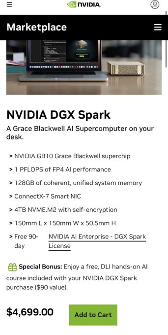 NVIDIA Marketplace listing for the NVIDIA DGX Spark, a Grace Blackwell AI Supercomputer featuring 1 PFLOPS of FP4 AI performance, 128GB unified memory, and 4TB NVME storage, priced at $4,699.00.
