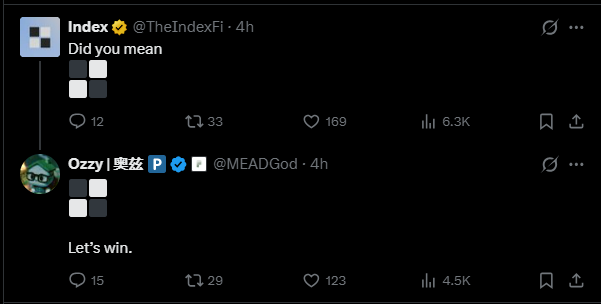 The image shows a Twitter/X exchange between @TheIndexFi and @MEADGod, where Index asks "Did you mean" alongside a checkerboard logo graphic, and Ozzy (MEADGod) replies "Let's win." with the same logo, accumulating 6.3K and 4.5K views respectively. This exchange supports the surrounding post's suggestion that a collaboration between Index and Pons is imminent, as the matching graphics and "Let's win" sentiment hint at an upcoming partnership potentially involving tokenized ETFs.