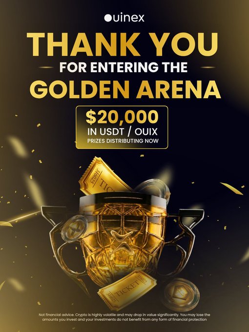The image is a promotional graphic from Uinex featuring a golden trophy filled with gold bars and coins, with bold text announcing "THANK YOU FOR ENTERING THE GOLDEN ARENA" and "$20,000 IN USDT/OUIX PRIZES DISTRIBUTING NOW," celebrating the winners of their demo trading competition and teasing future opportunities.