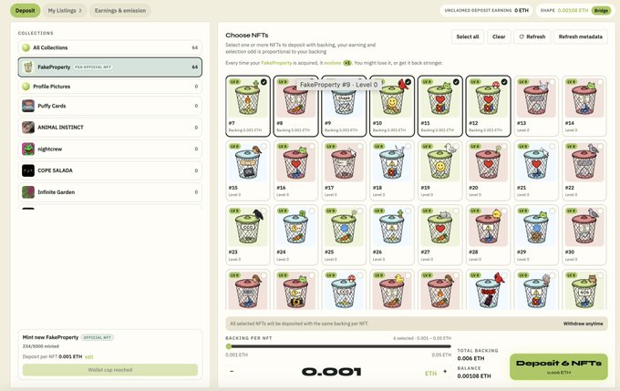 A screenshot of a 'Deposit & NFTs' interface on what appears to be a digital asset platform, showing the 'FakeProperty' collection with various bucket-themed NFTs and ETH pricing information.