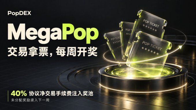 PopDEX's "MegaPop" promotional graphic displays glowing green "POP TICKET" cards orbiting a prize pedestal, advertising that 40% of protocol net trading fees fund the pool, with weekly prize draws rewarding active traders in USDT.