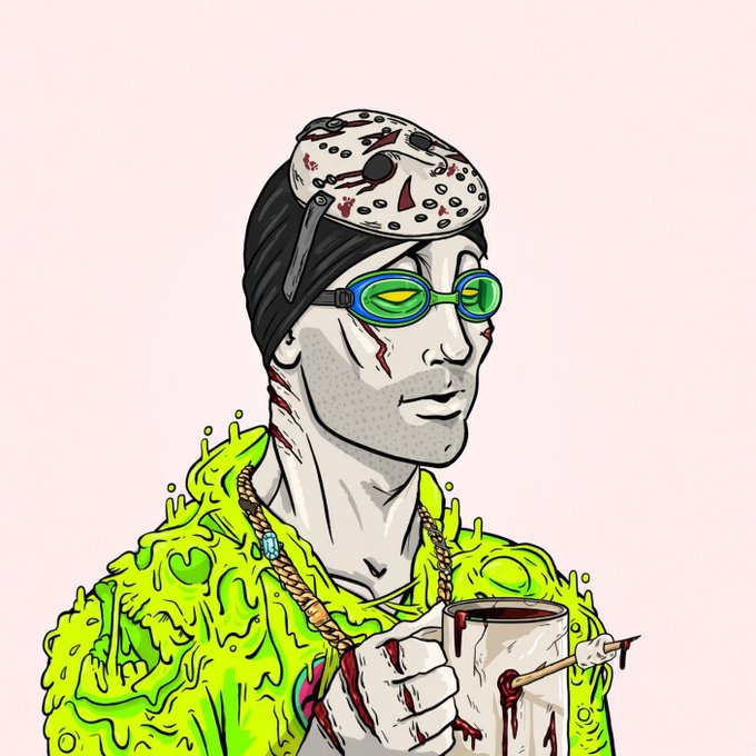 A cartoon illustration shows a zombie-like figure wearing a hockey mask (Jason-style) and blue swim goggles, draped in a dripping green slime coat while holding a blood-filled mug. The image matches the post's "$Nasduck" meme theme, depicting the "Nasduck" character ready for a morning swim with his iconic hockey mask and goggles.